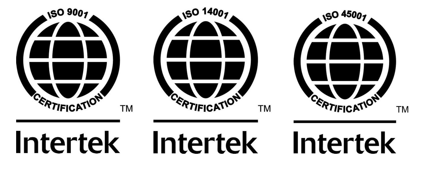 ISO 9001, ISO 14001 and ISO 45001 certificates issued by Intertek